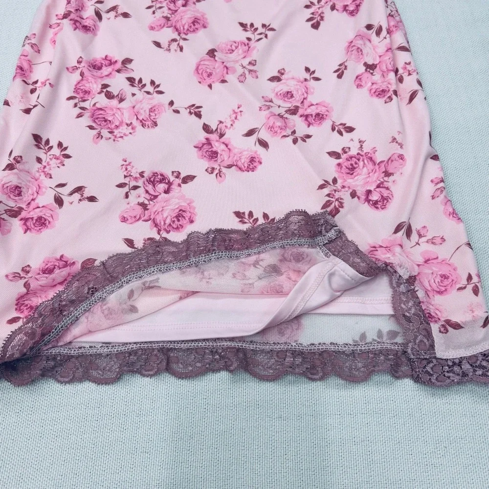 Pink Floral‎ Slip Dress Small Lace Trim Chemise Lingerie Nightgown Y2K Coquette